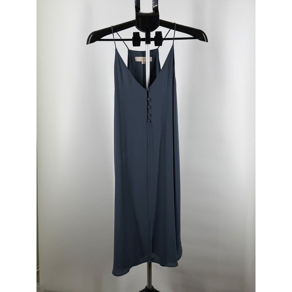 Loft Womens Slate Blue Grey V-Neck Button Front Spaghetti Strap Slip Dress S